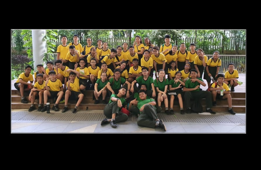 Large group of students in yellow and green uniforms posing on outdoor steps with trees in background.
